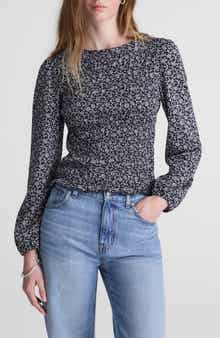 Madewell Smocked Boat Neck Long Sleeve Cotton Blend Top