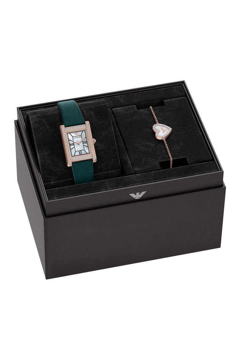 Mother-of-Pearl Tank Leather Strap Watch Set, 22.5mm x 32mm, Alternate, color, GREEN