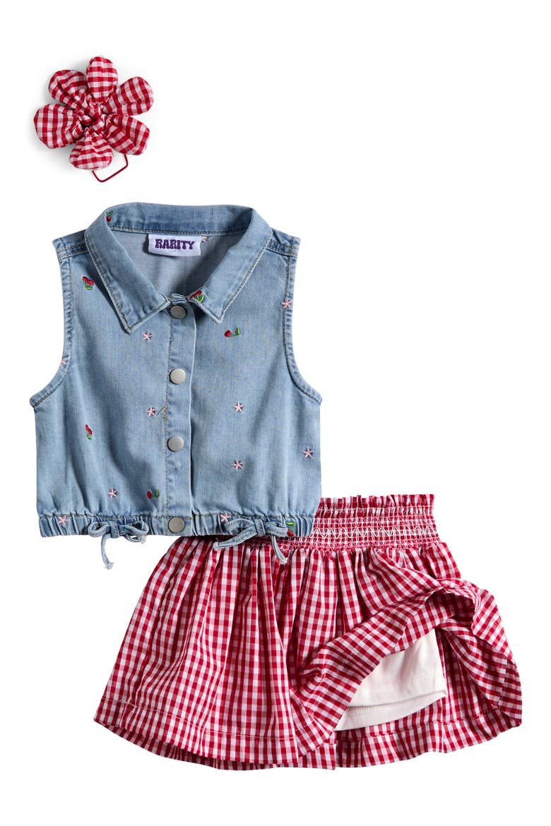 Kids' Embroidered Denim Vest, Skirt & Hair Tie, Alternate, color, DENIM