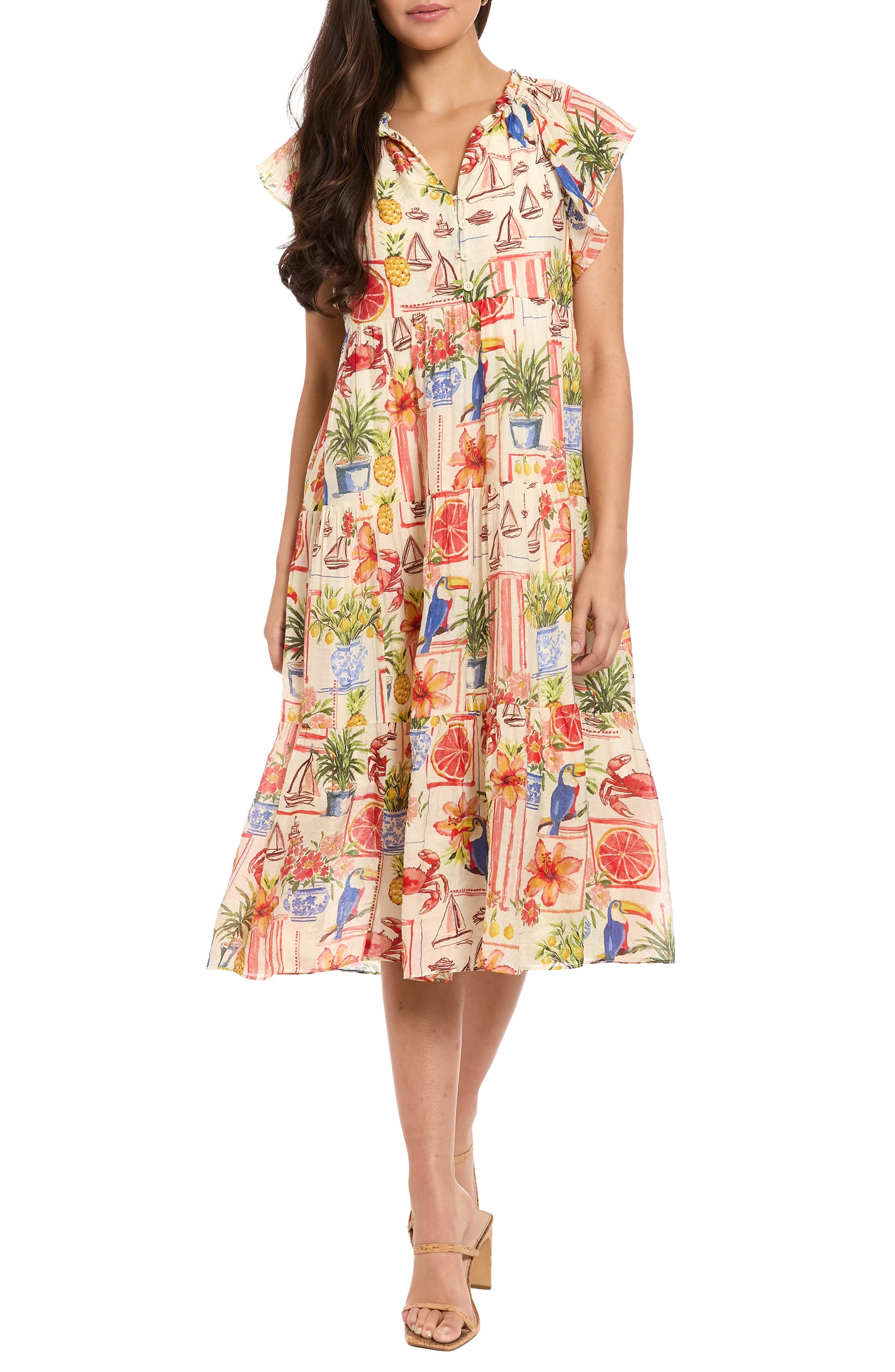 London Times Flutter Sleeve Tiered Midi Dress
