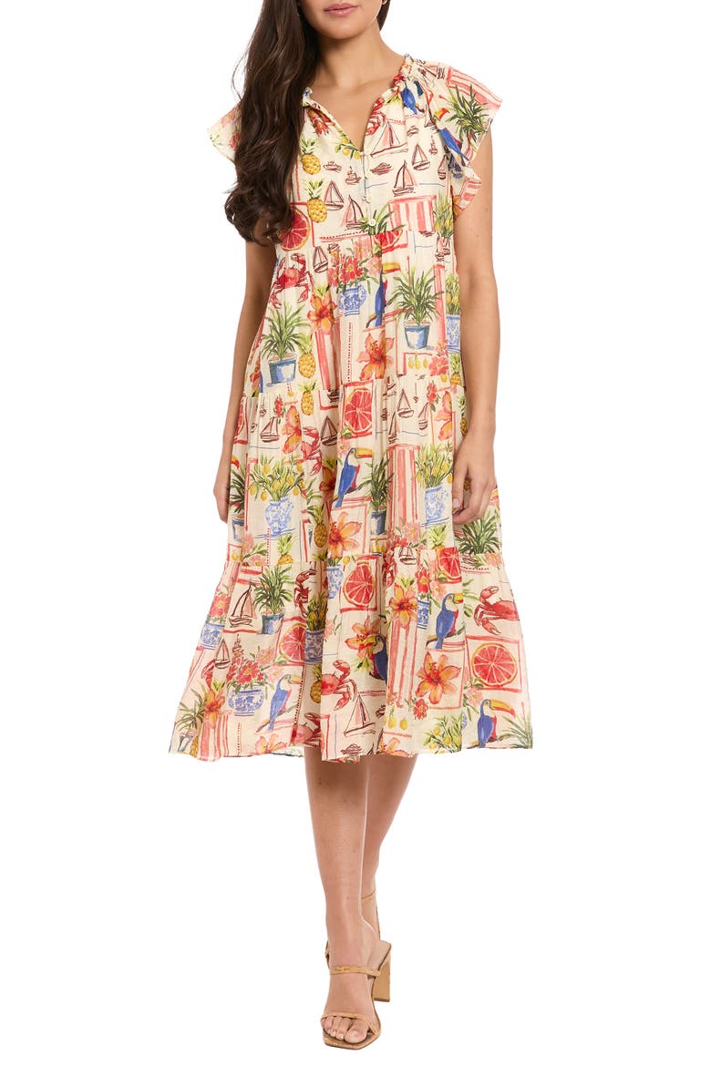 Flutter Sleeve Tiered Midi Dress, Main, color, ANTIQUE WHITE/ FIERY RED