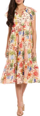 London Times Flutter Sleeve Tiered Midi Dress