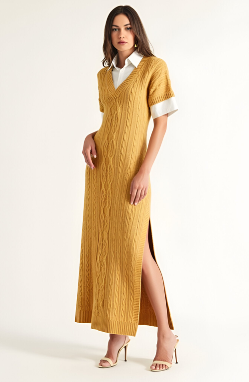 Modenaire Cable-Knit Maxi Dress with Side Slit in Yellow  product