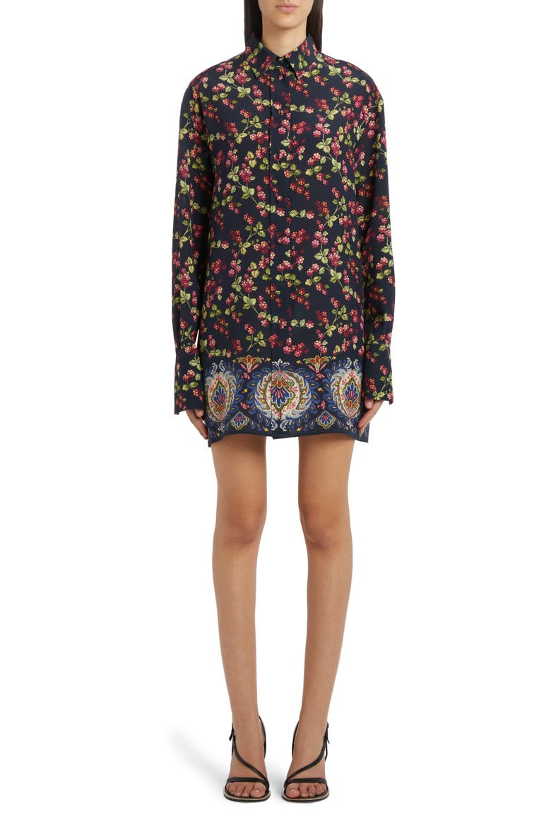Berry Print Long Sleeve Silk Button-Up Tunic, Main, color, 0200 - BLU