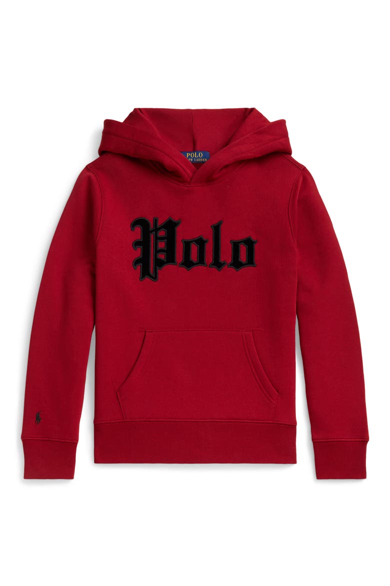Kids' Velvet Logo Hoodie, Main, color, EATON RED