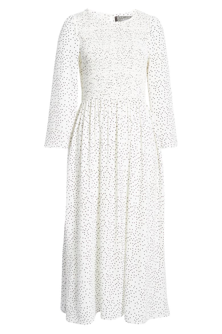 Polka Dot Smocked Bodice Midi Dress, Alternate, color, WHITE BLACK DOT