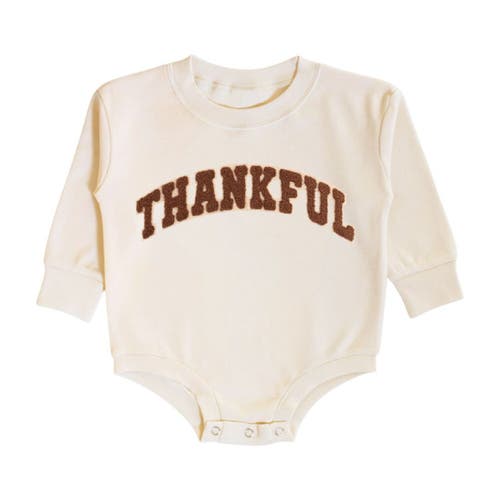 Sweet Wink Thankful Patch Varsity Thanksgiving Long Sleeve Romper In White