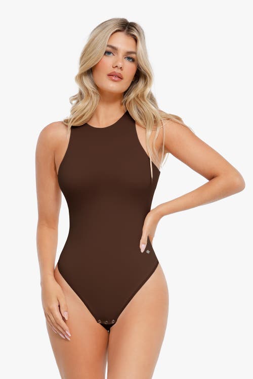 Popilush Shapewear Cloudsense Sleeveless Cutaway Round Neck Bodysuit In Deep Coffee