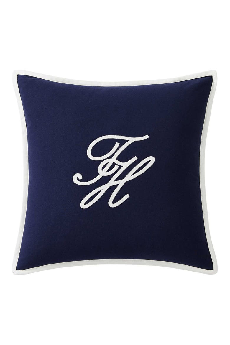 Swim Shop Monogram Cotton Accent Pillow, Main, color, CORE NAVY