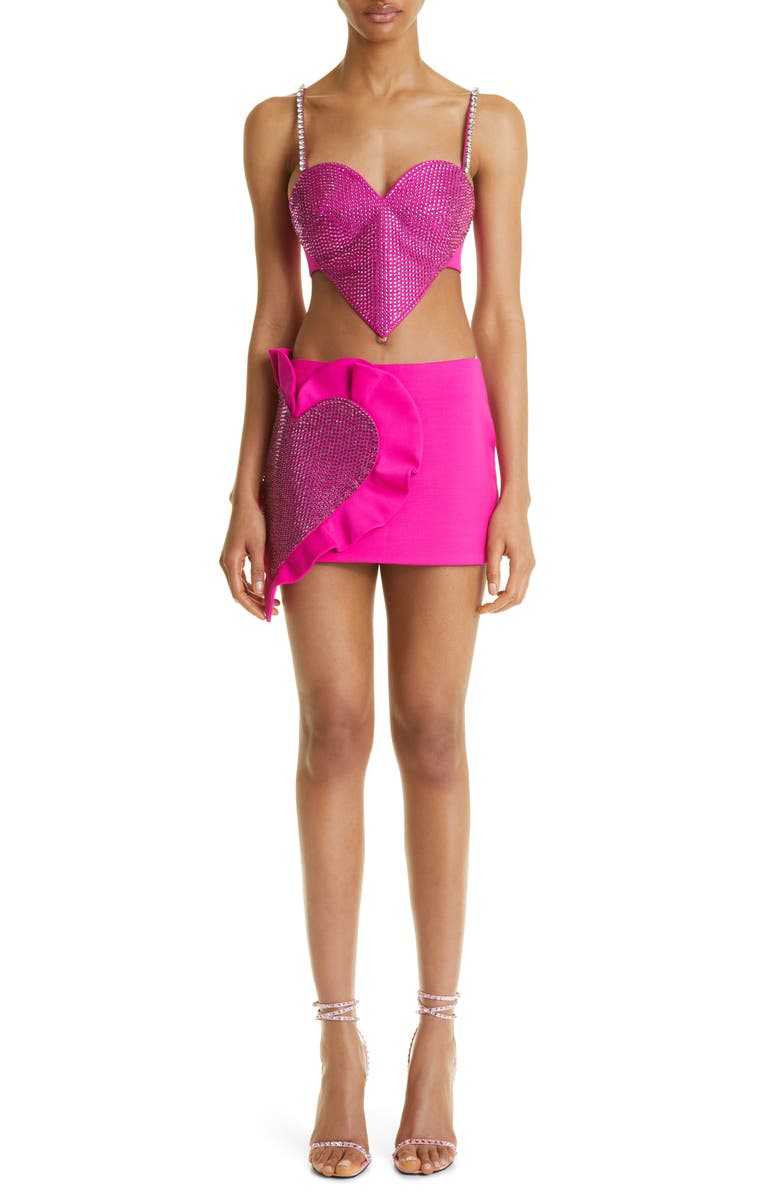 Area Crystal Heart Ruffle Wool Stretch Crepe Miniskirt, Alternate, color,