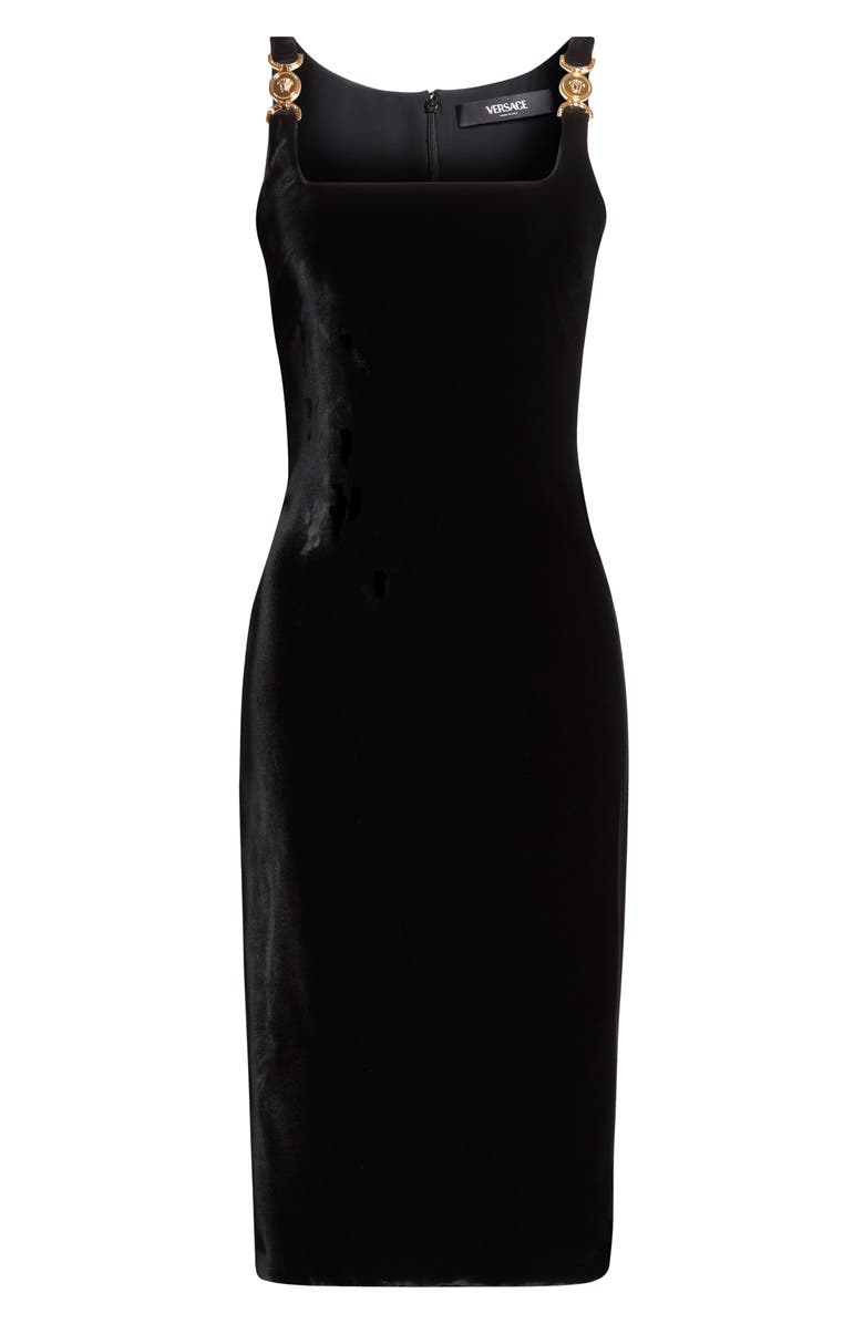 Versace Medusa Strap Liquid Velvet Body-Con Dress, Alternate, color, Black