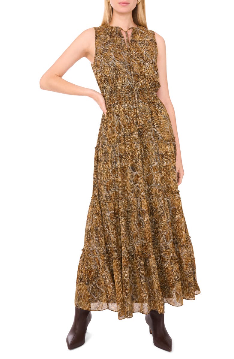 1.STATE Abstract Print Tie Neck Tiered Maxi Dress, Main, color, Caramel