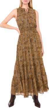 1.STATE Abstract Print Tie Neck Tiered Maxi Dress