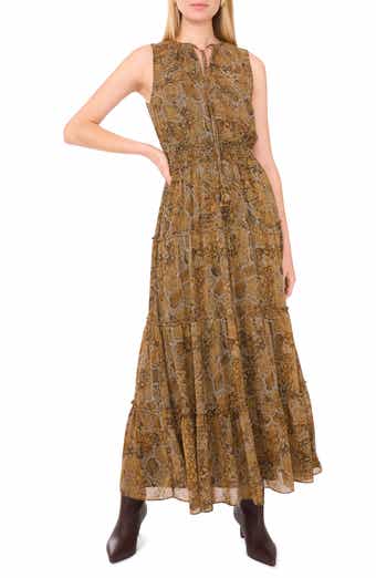 Abstract Print Tie Neck Tiered Maxi Dress