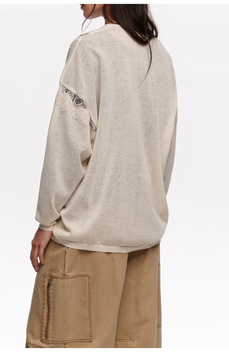 Bimba y Lola Long Cotton and Linen Cardigan With Lace Trim, Alternate, color, Sand