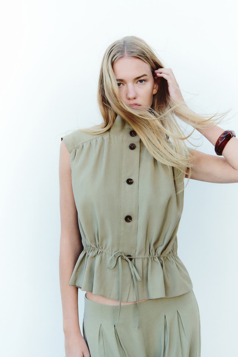 Drawstring-Detail Trench-Look Blouse, Alternate, color, Khaki green