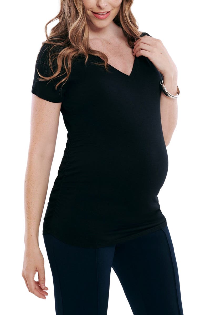 MOTHERHOOD MATERNITY V-Neck Side-Ruched Maternity Short Sleeve Tee, Alternate, color, Black