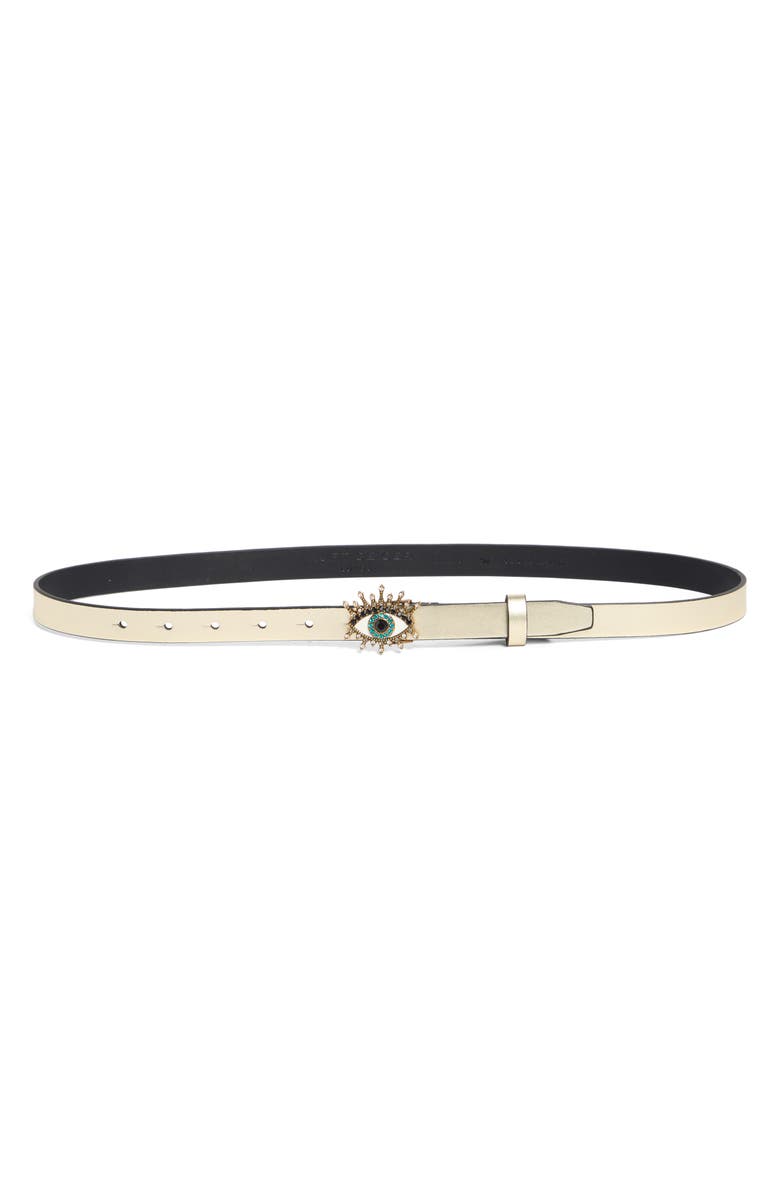 Kurt Geiger London 20mm Metallic Evil Eye Leather Belt, Main, color, Pale Gold Antique Brass