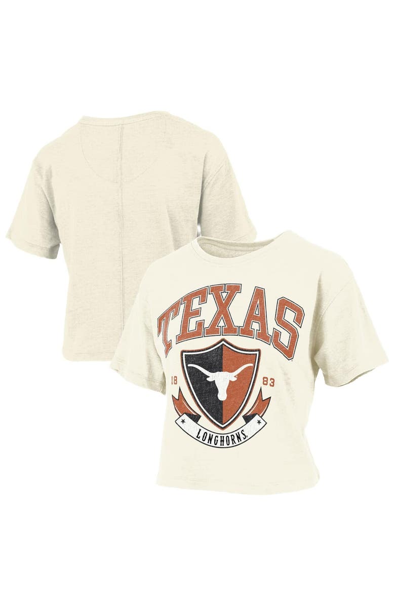 PRESSBOX Women's Pressbox Cream Texas Longhorns Buckler Vintage Cropped T-Shirt, Main, color, 
