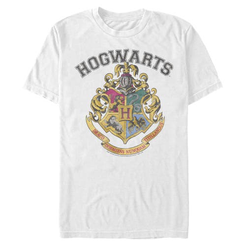 Harry Potter Distressed Collegiate Hogwarts Crest Graphic T-shirt In White