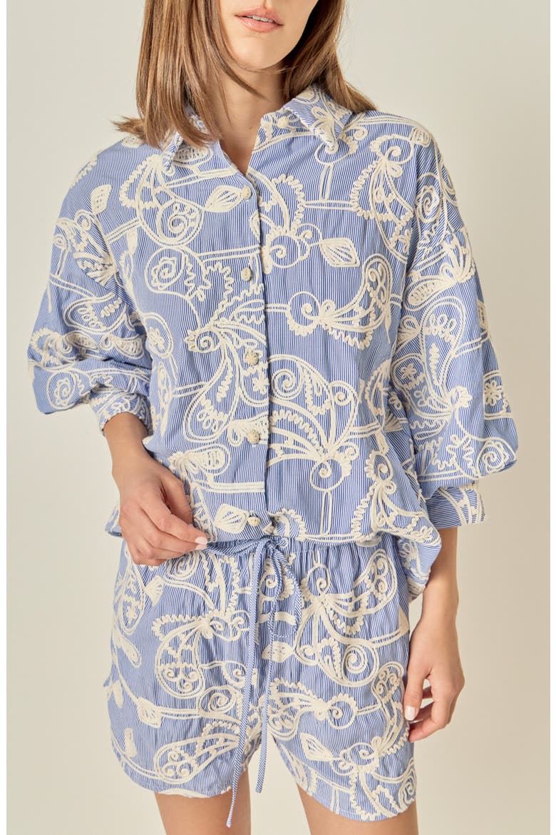 Embroidered Volume Sleeve Shirt, Main, color, BLUE/ CREAM