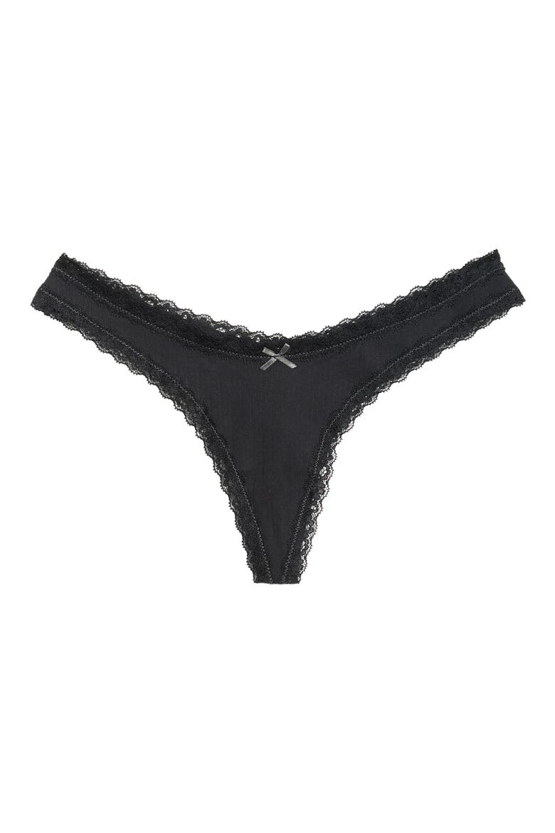 Lightweight Stretch Cotton Pointelle Lace Thong, Alternate, color, SOOT TONAL