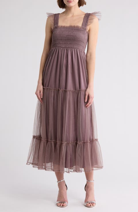 Ruffle Tulle Overlay Tiered Maxi Dress