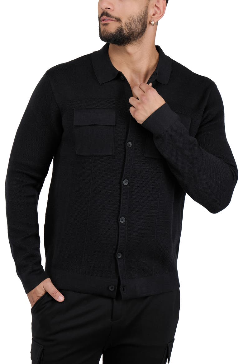 Patch Pocket Button-Up Polo Sweater, Alternate, color, BLACK