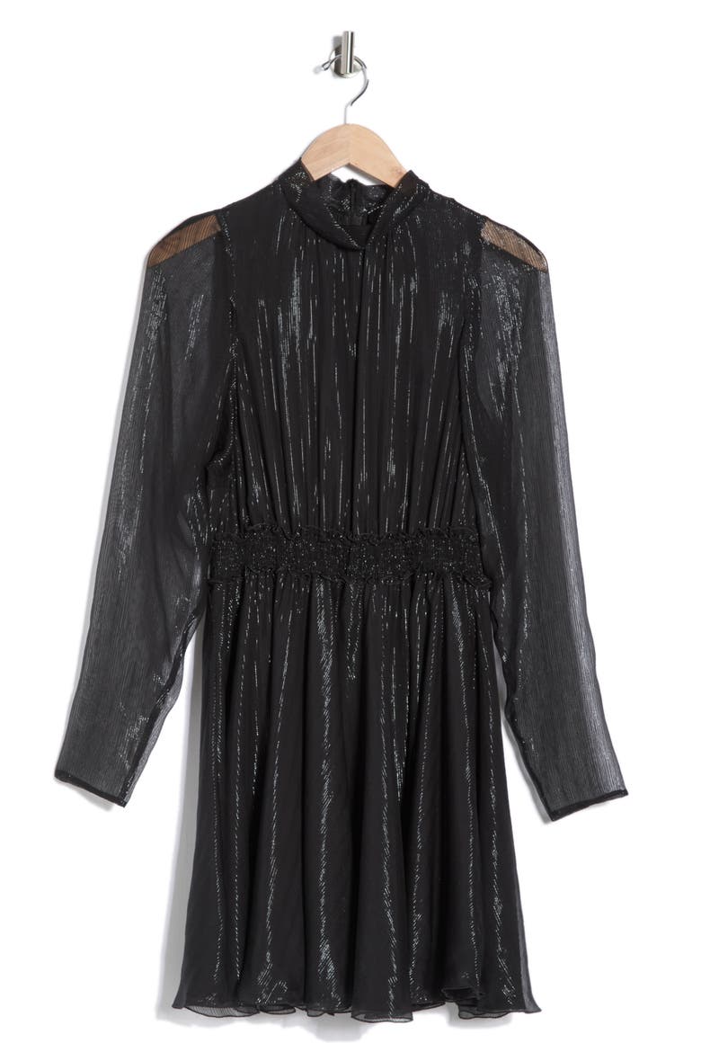 Sheer Sleeve Silk Blend Dress, Alternate, color, BLACK