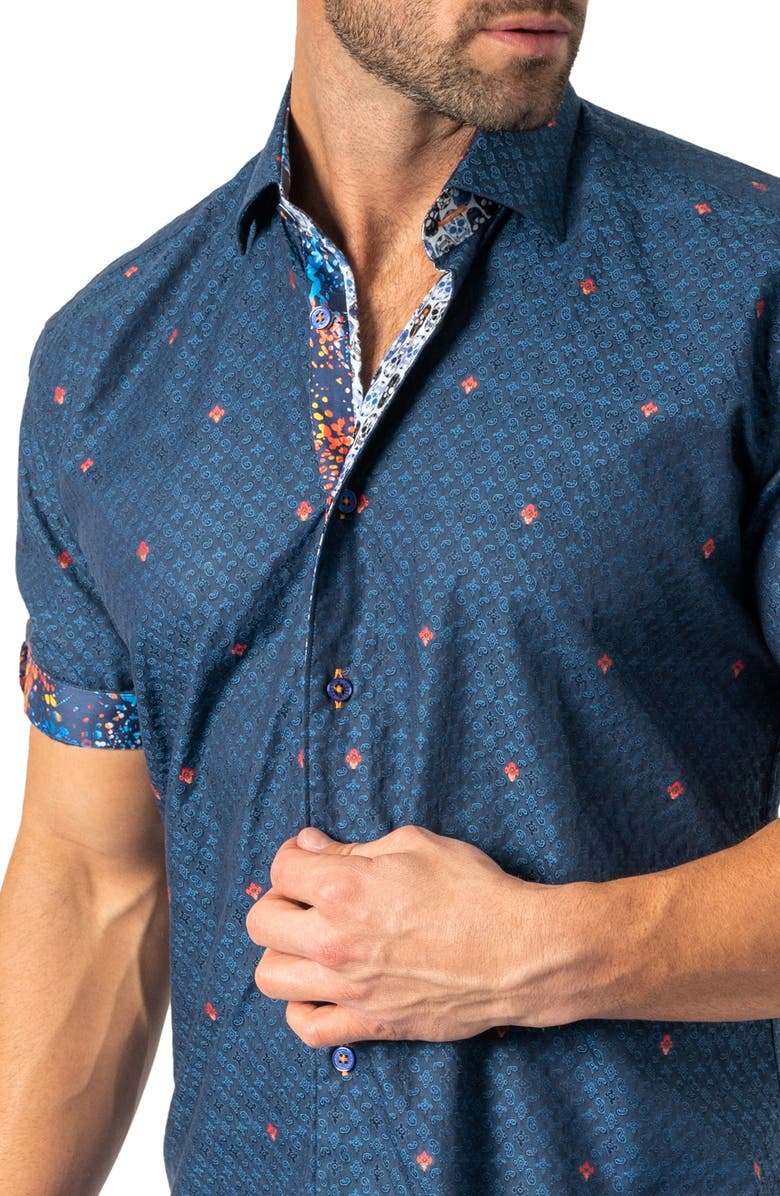 Maceoo Galileo Regular Fit Icon Paisley Short Sleeve Cotton Button-Up Shirt, Alternate, color, Blue