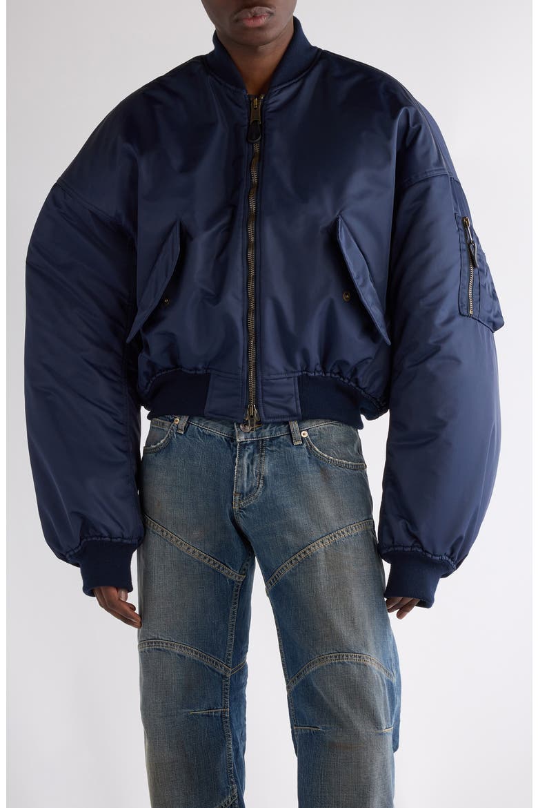 Round Satin Bomber Jacket, Main, color, DARK NAVY