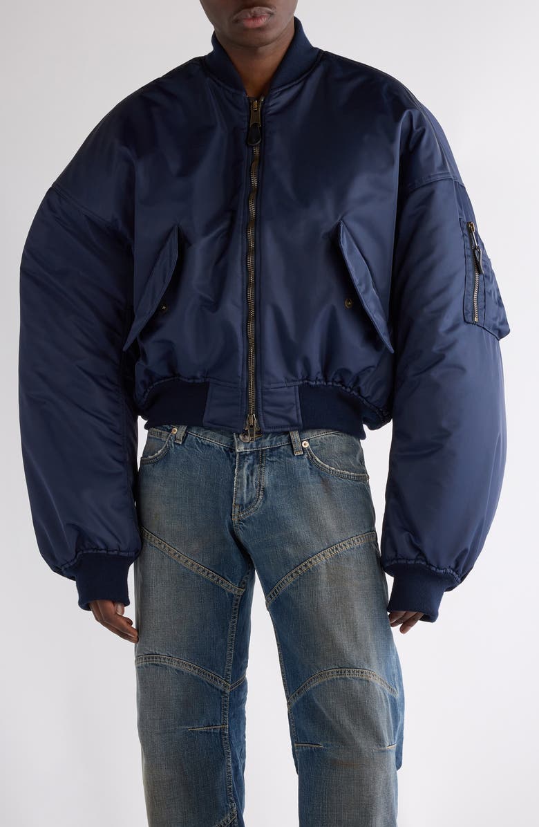 Balenciaga Round Satin Bomber Jacket, Main, color, Dark Navy