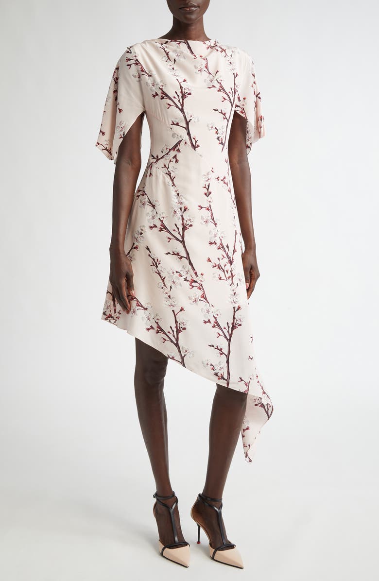 McQueen Cherry Blossom Asymmetric Silk Dress, Main, color, 