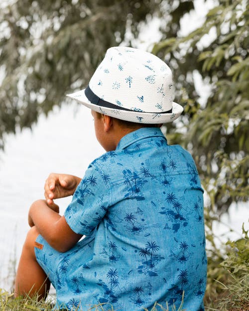 Deux Par Deux Boy's Printed Chambray Short Sleeve Shirt Pale Blue And Navy In Pale Blue And Navy