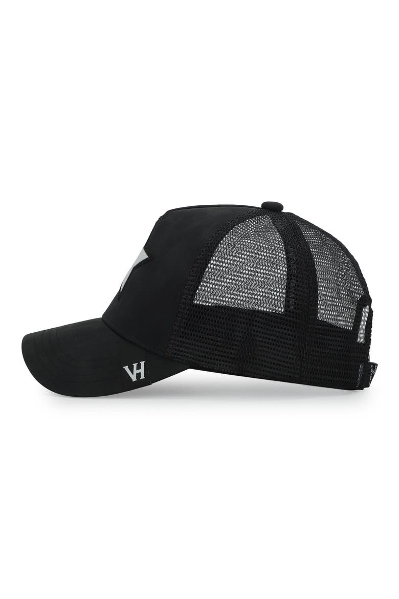Embroidered Star Patch Mesh Panel Trucker Hat, Alternate, color, BLACK/ WHITE