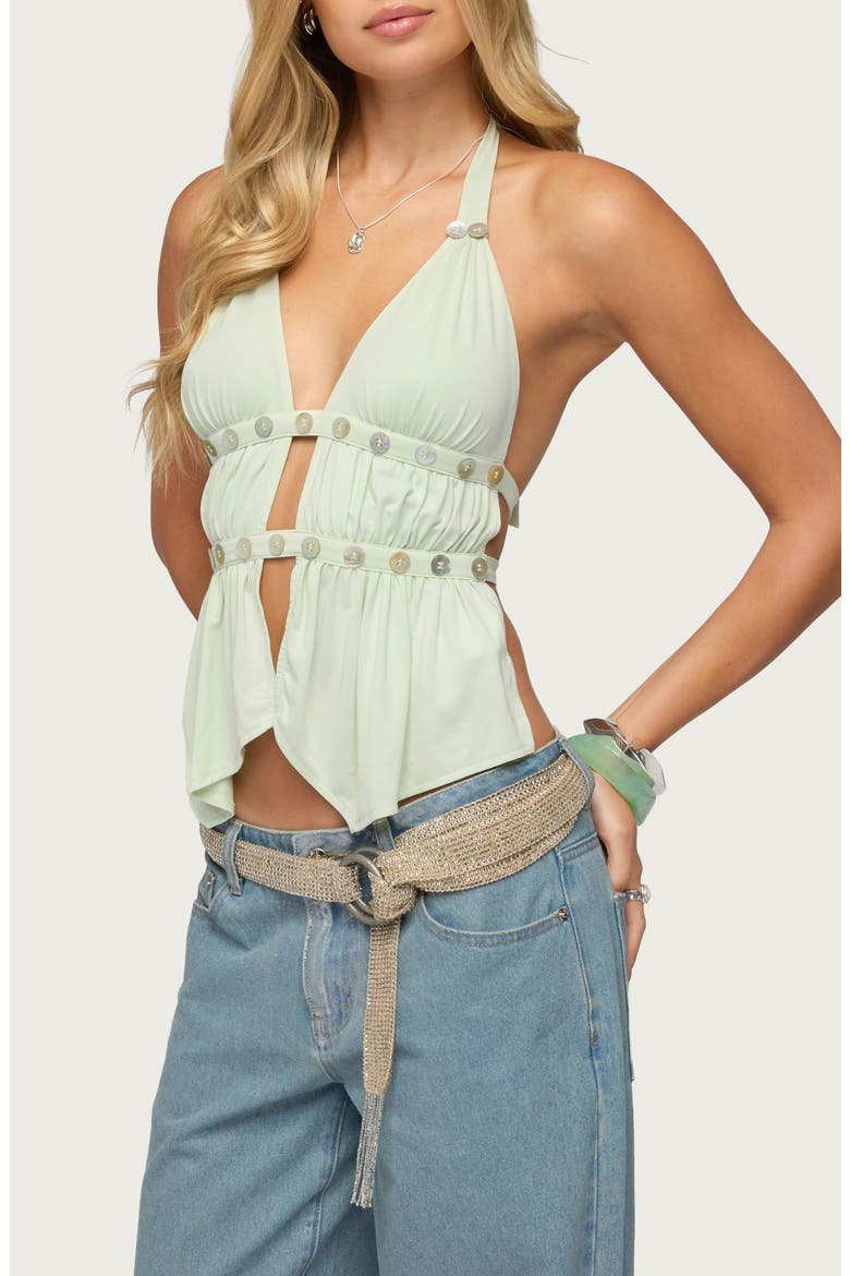 Izora Button Embellished Plunge Halter Neck Top, Alternate, color, GREEN