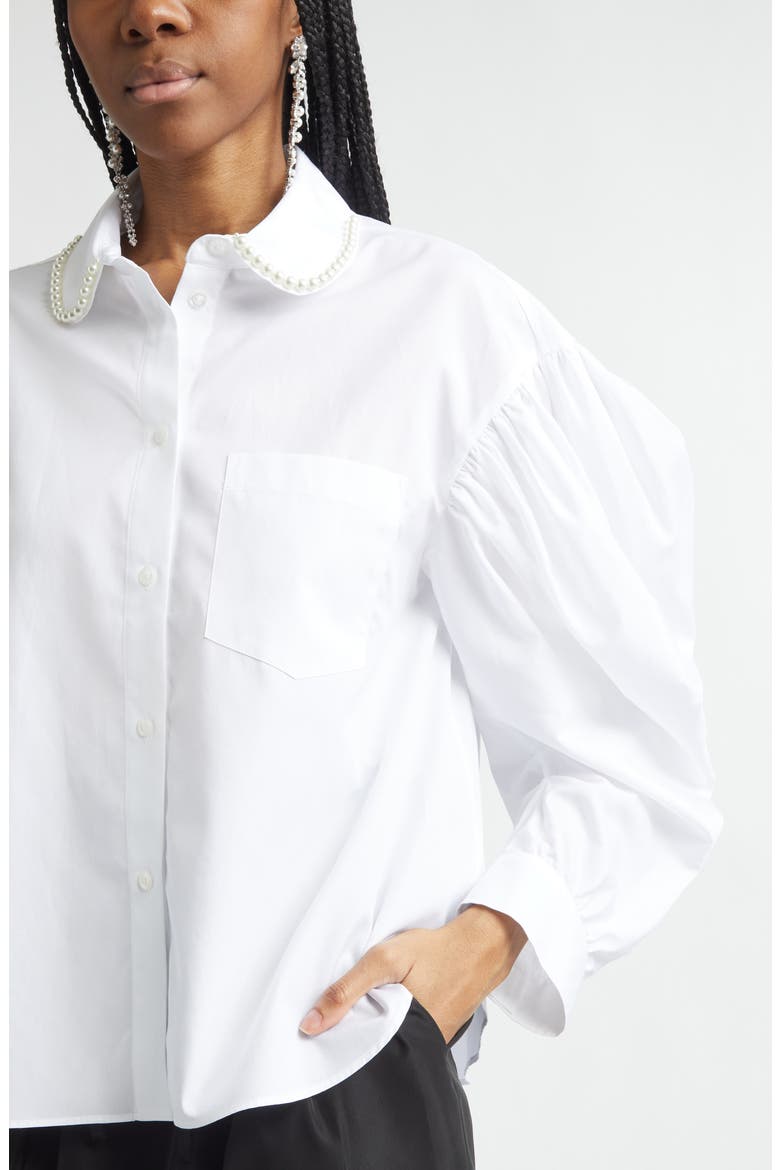 Faux Pearl Boxy Balloon Sleeve Cotton Button-Up Shirt, Alternate, color, WHITE/ PEARL
