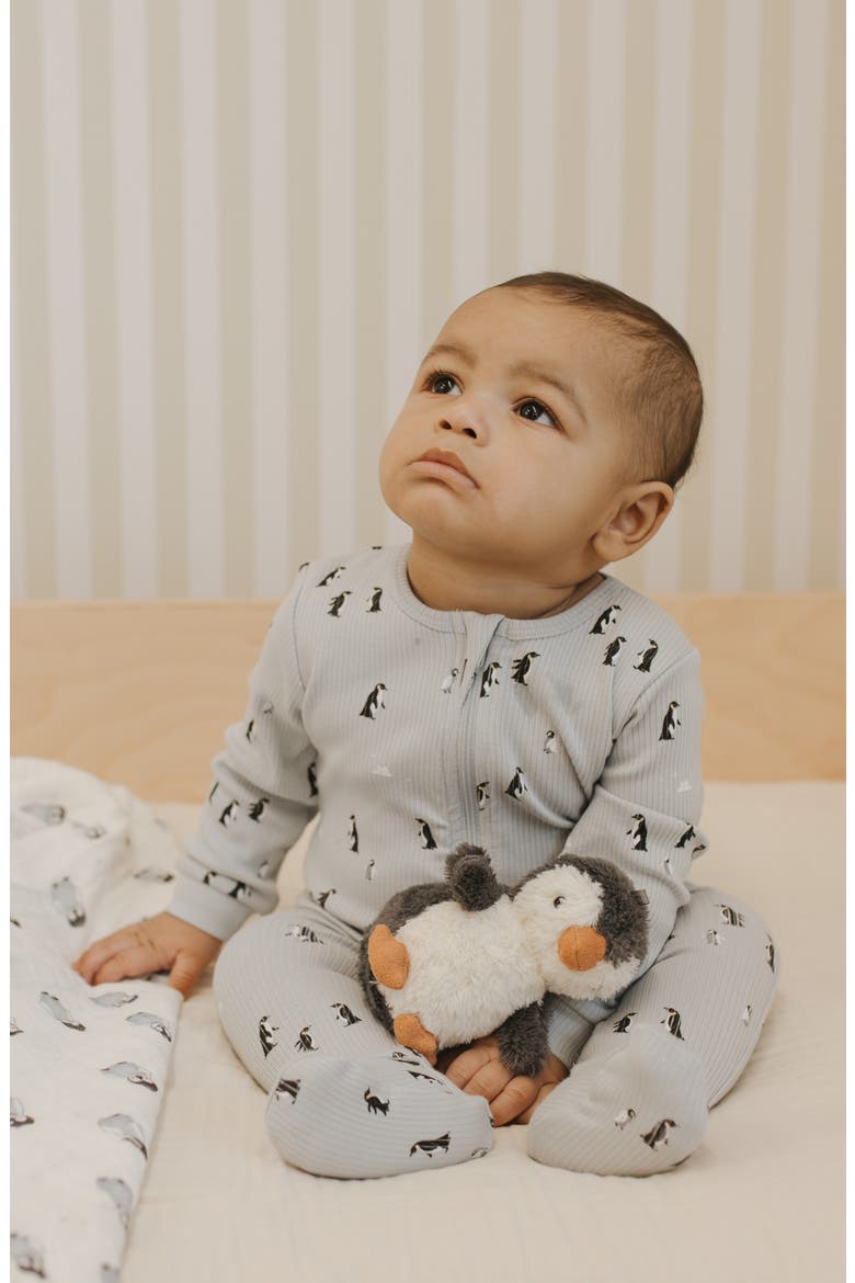 Penguin Print Stretch Cotton Rib One-Piece Footed Pajamas, Alternate, color, LIGHT BLUE