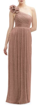 After Six Ruffle One-Shoulder Metallic Column Gown