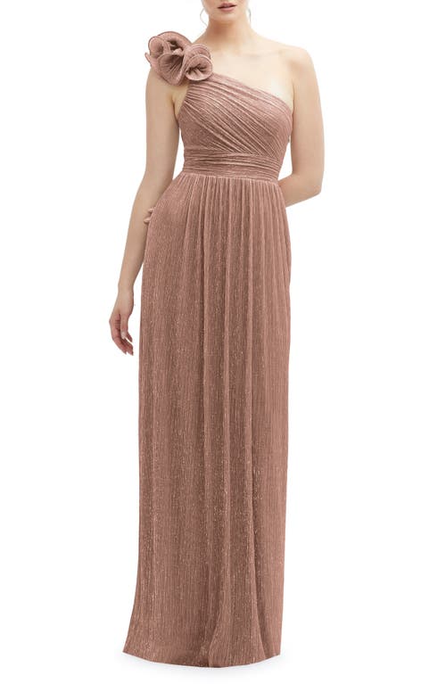 After Six Ruffle One-Shoulder Metallic Column Gown in Sienna Metallic 