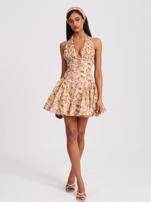 Miss Circle Mackenzie Floral Print Halter Linen Mini Dress In Multi