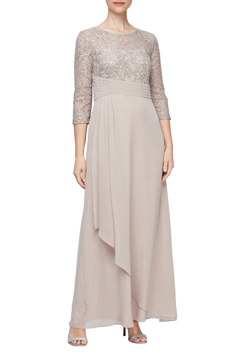 Sequin & Lace Empire Waist Gown, Main, color, BUFF