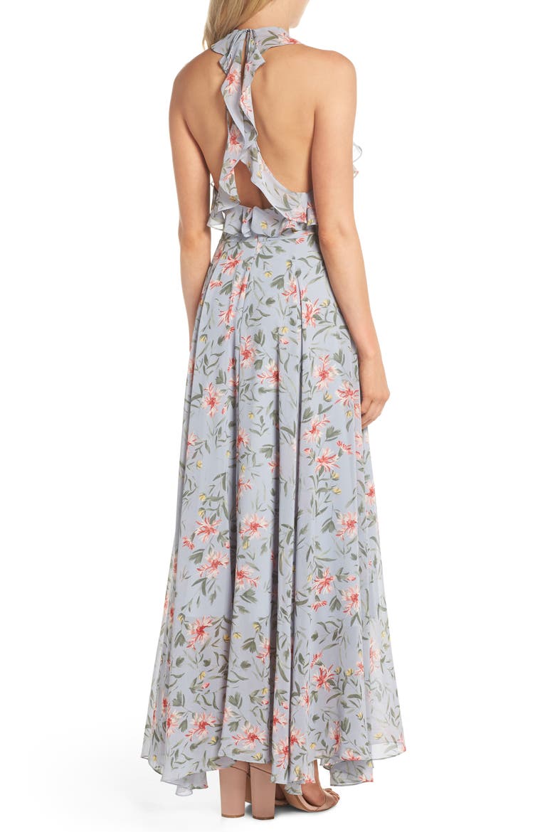 Ella Floral Ruffle Chiffon Maxi Dress, Alternate, color, SMOKE BLUE GREY/ LIGHT RED