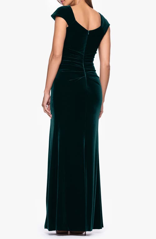 Xscape Evenings Asymmetric Neck Cap Sleeve Stretch Velvet Gown In Black
