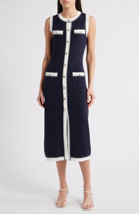 Contrast Piping Sleeveless Button-Up Sweater Dress