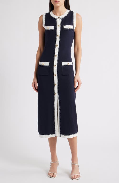 Zoe And Claire Contrast Piping Sleeveless Button-up Sweater Dress In Blue