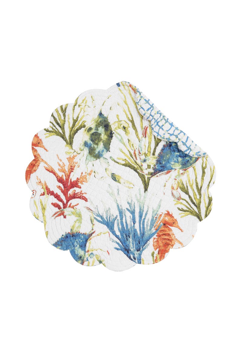 Marino Round Quilted Reversible Colorful Coastal Placemats Set of 6, 17", Main, color, Blue