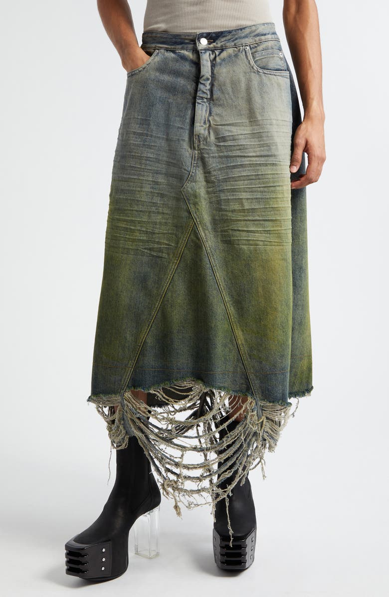 Rick Owens Destroyed Godet Denim Skirt, Main, color,