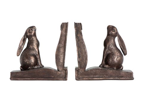 Decorative Rustic Resin Rabbit on Book Bookends, Bronze, Set of 2