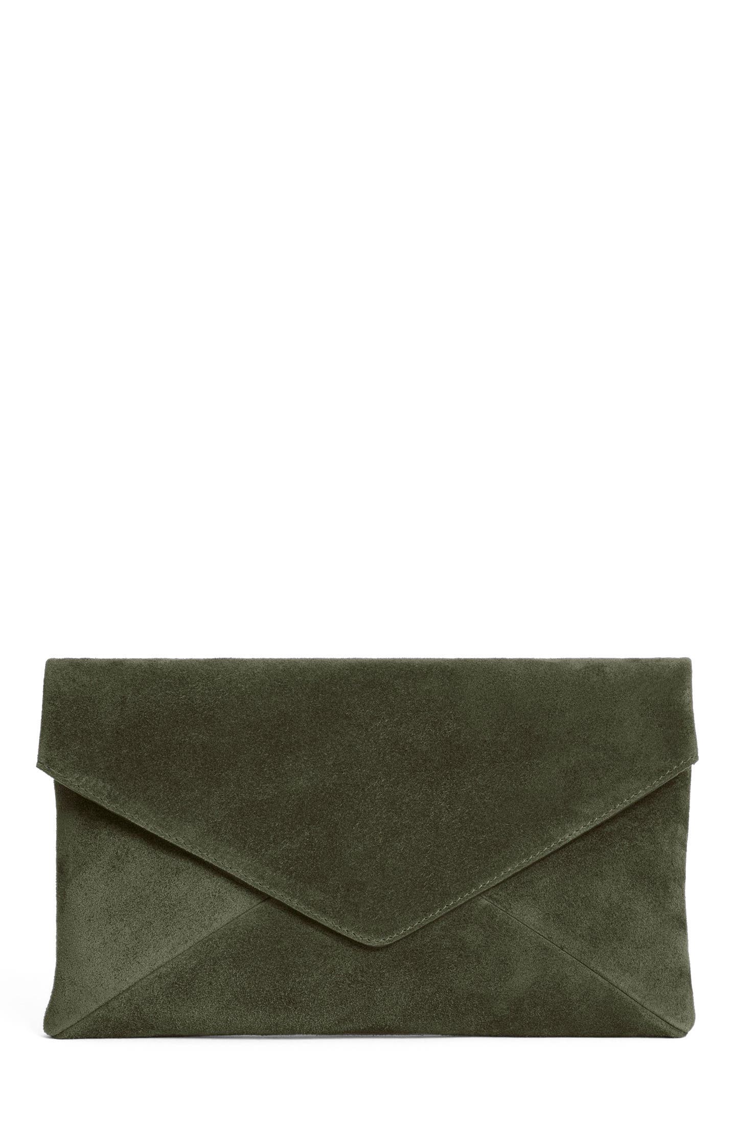 Valentina Envelope Suede Clutch, Main, color, Olive Suede
